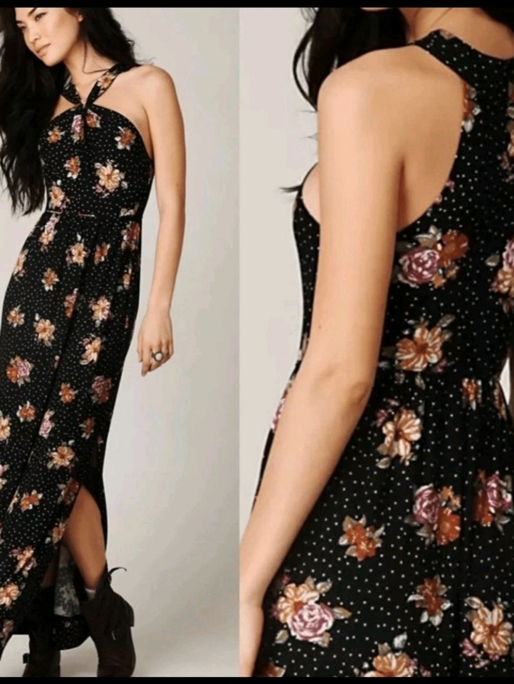 Free People Knotted Halter Floral Polka Dot Maxi Dress